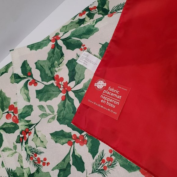 Christmas Placemats, Set of 4, Fabric, Holly Mistletoe, Holiday Table Decor - Picture 2 of 4